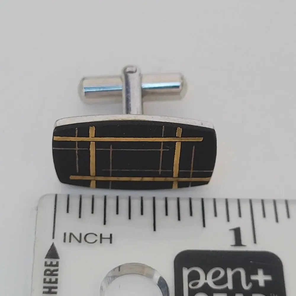Silver Gold Black Hematite Rectangle GeometricCufflinks Retro Mid Century Modern